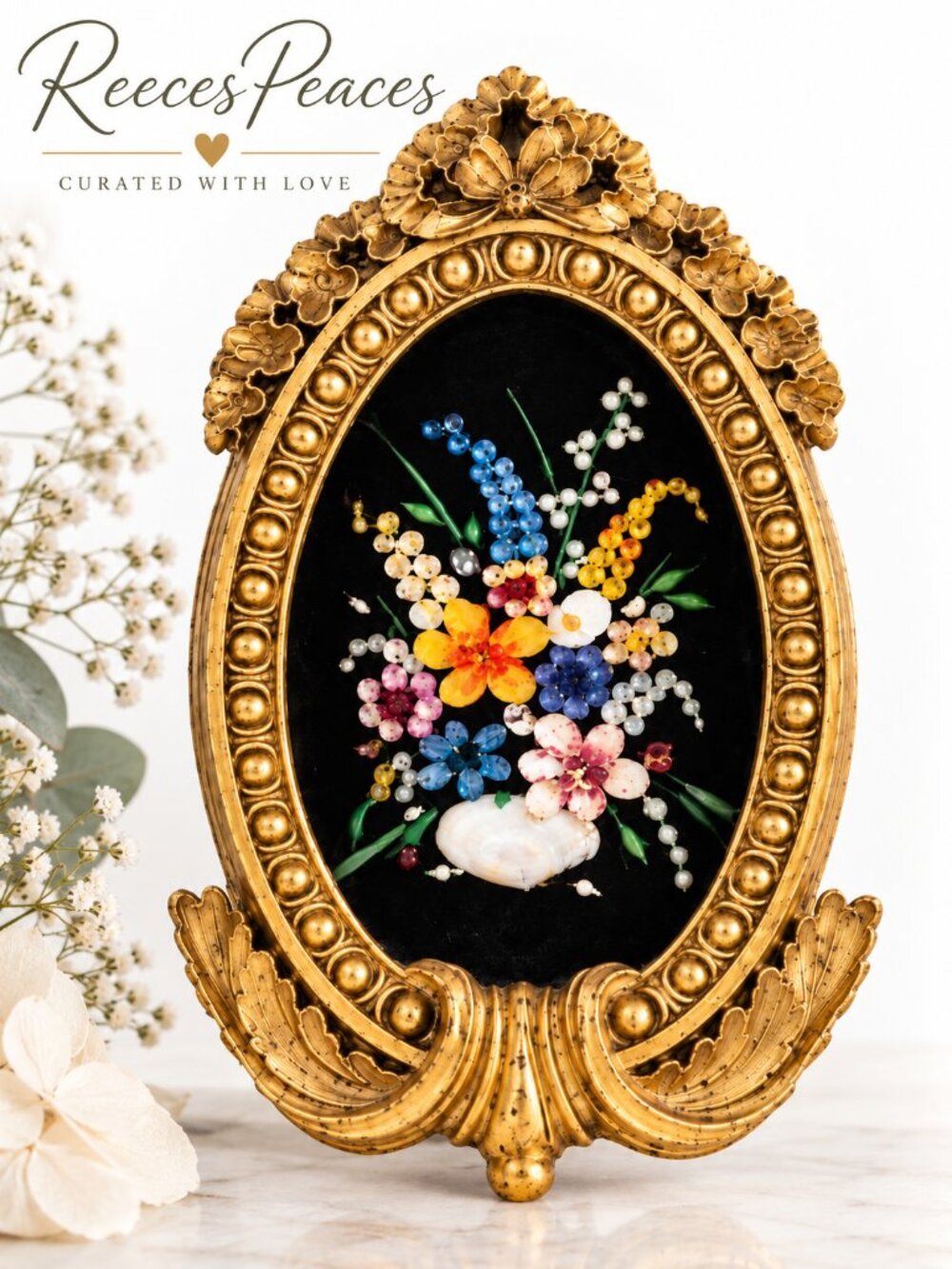 Vintage Seashell Floral Art in Ornate Gold Frame | 3D Shell Bouquet
